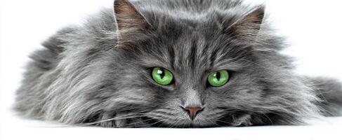 The stunning grey cat with mesmerizing green eyes resting gracefully on a white background. photo