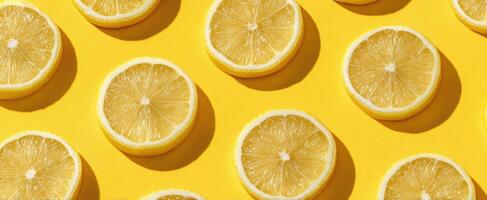 The Vibrant Arrangement of Fresh Lemon Slices on a Bright Yellow Background. photo
