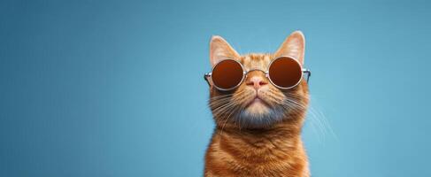 The stylish orange cat wearing trendy sunglasses against a blue background. photo