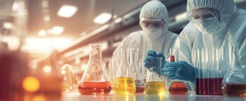 The scientists conducting experiments with colorful liquids in a laboratory setting. photo