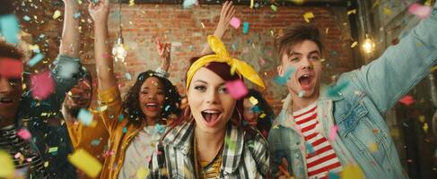 The joyful celebration of friends surrounded by colorful confetti and laughter. photo
