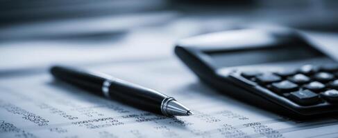 The calculator and pen on financial documents in a professional office setting. photo