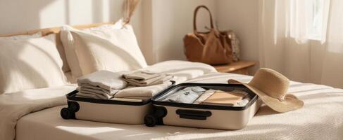 The suitcase and travel essentials arranged on a cozy bedroom bed. photo