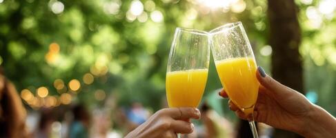 The joyful toast of refreshing mimosas among friends in a sunny outdoor setting photo