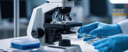 The microscope being used for detailed scientific research and analysis in the lab. photo