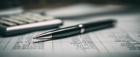The pen resting on financial documents with a calculator in a business environment. photo