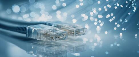 The Ethernet cables illuminated by stunning fiber optic light. photo