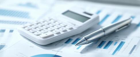 The calculator and pen placed on financial analysis documents and charts. photo