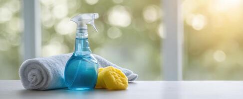 The spray bottle and sponge set for effective home cleaning solutions. photo