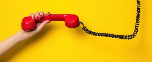 The vibrant red telephone held by a stylish hand against a yellow background. photo