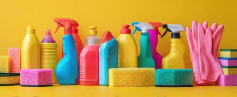 The vibrant collection of cleaning supplies against a bright yellow background. photo