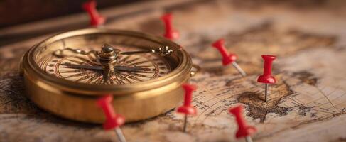 The vintage compass surrounded by red pins on an antique map photo