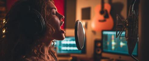 The passionate singer recording vocals in a music studio environment. photo