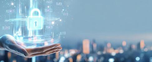 The Hand Holding a Digital Lock in a Futuristic Cityscape Background photo