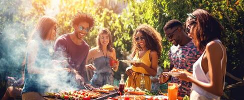 The joy of friends enjoying a barbecue in a sunny garden setting. photo