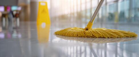 The yellow mop cleaning a shiny floor in a busy indoor environment. photo