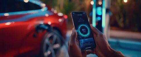 The smartphone app displaying charging status of an electric car at night. photo