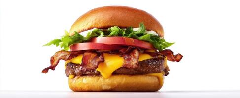 The mouthwatering burger stacked with bacon, lettuce, and tomato toppings. photo