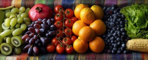 The vibrant display of fresh fruits and vegetables arranged beautifully on a textile. photo