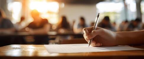 The hand writing on paper in a busy classroom during an exam photo