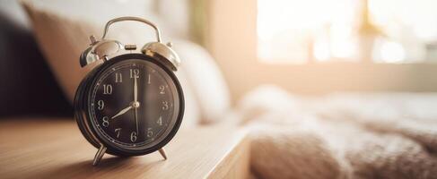The vintage alarm clock on a bedside table in a sunlit bedroom. photo