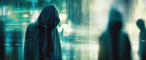 The mysterious hooded figure standing against a digital background of technology. photo
