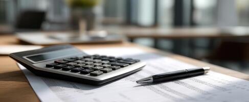 The calculator and pen on financial documents in a modern office workspace. photo