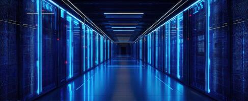 The modern data center illuminated by cool blue light. photo