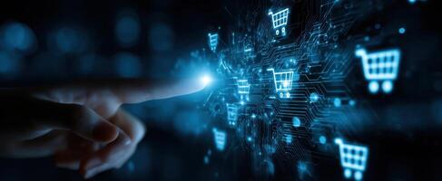 The hand interacting with digital shopping cart icons on a futuristic interface. photo