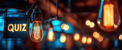 The vintage light bulbs illuminating a lively quiz night atmosphere. photo