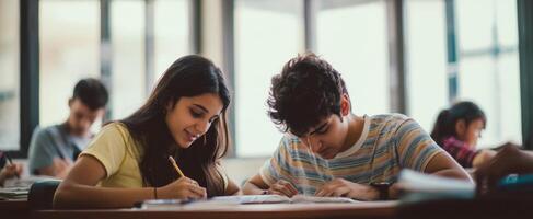 The students engaged in collaborative studying in a bright classroom setting. photo
