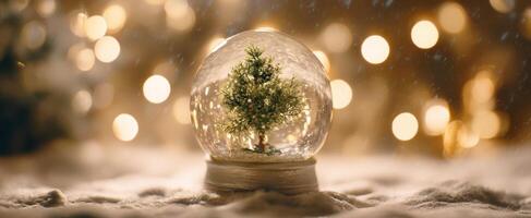 The enchanting snow globe showcasing a miniature Christmas tree amidst festive lights. photo