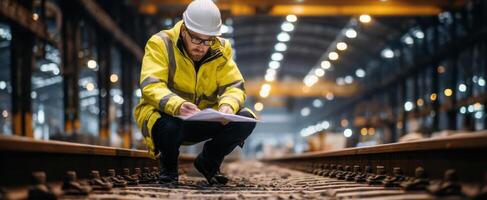 The construction worker inspecting railway tracks in a large industrial facility. photo