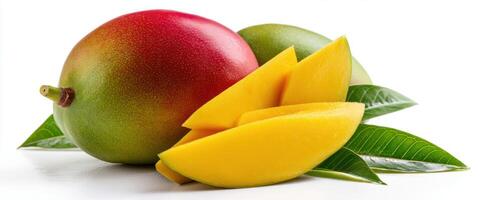 The luscious mango with slices and fresh green leaves on a white background. photo