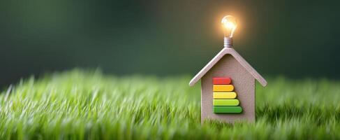 The energy-efficient house with a glowing light bulb symbolizing sustainability. photo