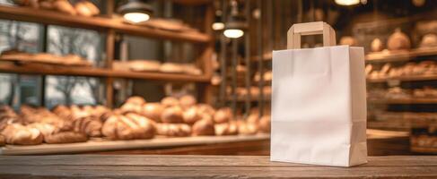The empty paper bag in a cozy bakery with fresh bread. photo