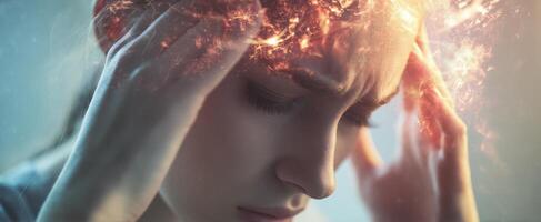 The woman experiencing overwhelming stress and emotional turmoil in her thoughts. photo
