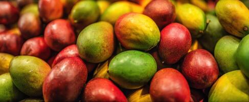 The colorful assortment of ripe mangoes stacked beautifully at a market. photo