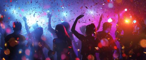 The vibrant silhouettes of people celebrating at a lively party atmosphere. photo