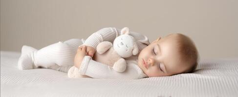 The baby peacefully sleeping with a cute plush toy in gentle light. photo