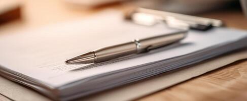 The elegant pen resting atop a stack of papers in an organized workspace. photo