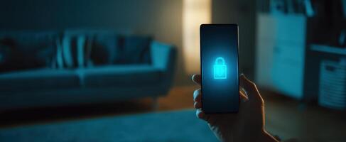 The smartphone displaying a security lock in a dimly lit living room. photo