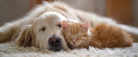 The adorable moment of a golden retriever and a ginger kitten sleeping together. photo