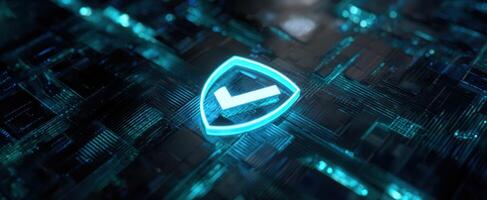 The glowing shield symbol representing digital security and protection in technology. photo