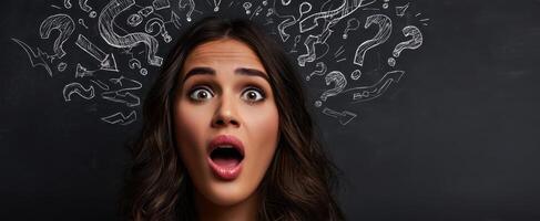 The expressive woman demonstrating confusion and surprise with question marks overhead. photo