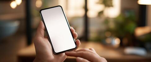 The smartphone held in hand ready for interaction in a modern workspace. photo