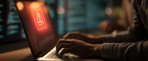 The hands typing on a laptop with a security warning displayed on screen. photo