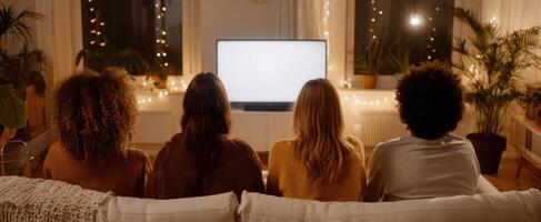 The Friends Enjoying a Cozy Movie Night in a Warm Living Room photo