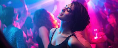 The vibrant celebration of young adults dancing in a colorful nightlife setting. photo