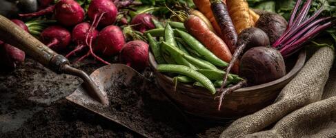 The Assortment of Freshly Harvested Vegetables in a Rustic Setting photo